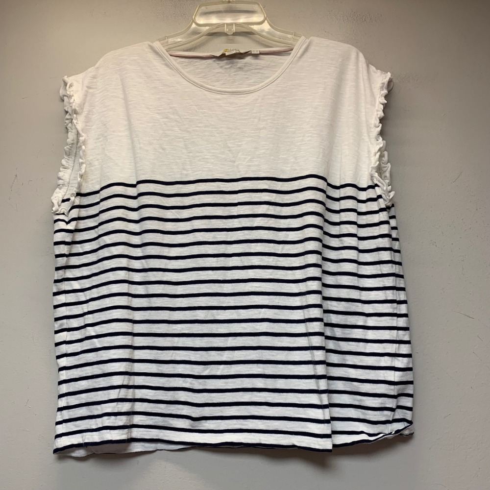Boden Sleeveless Top Womens 14 White Blue Striped Excellent Ruffle Slub Cotton